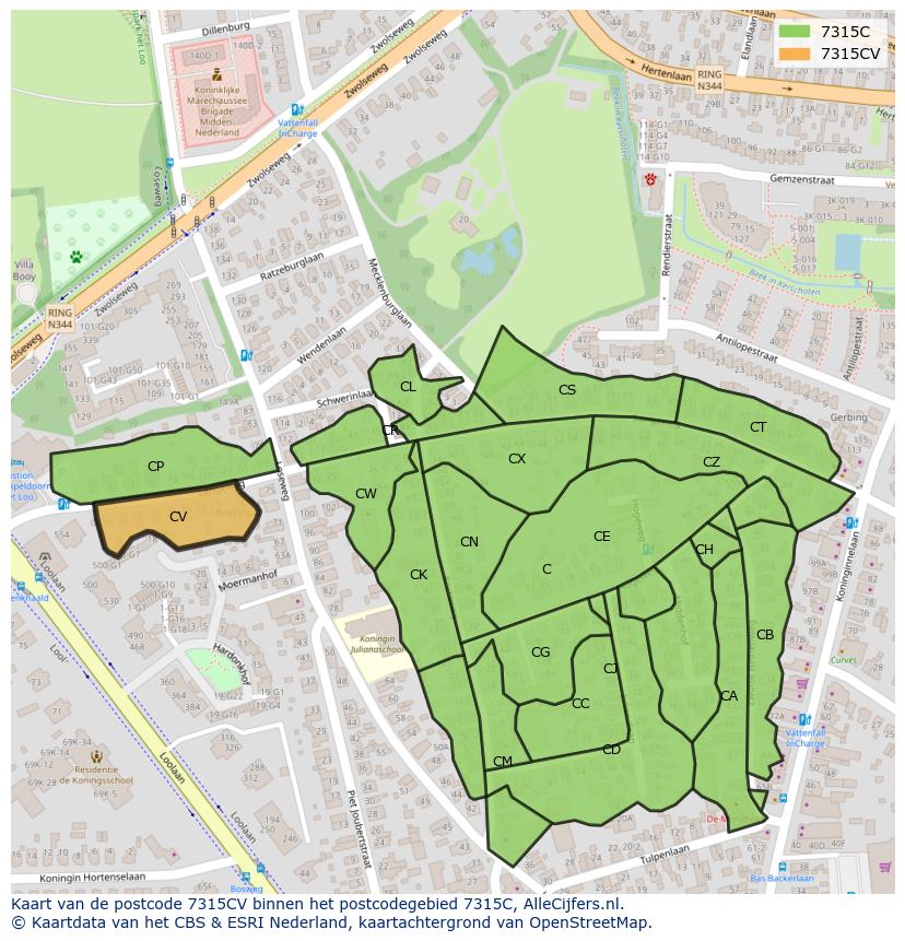 Afbeelding van het postcodegebied 7315 CV op de kaart.