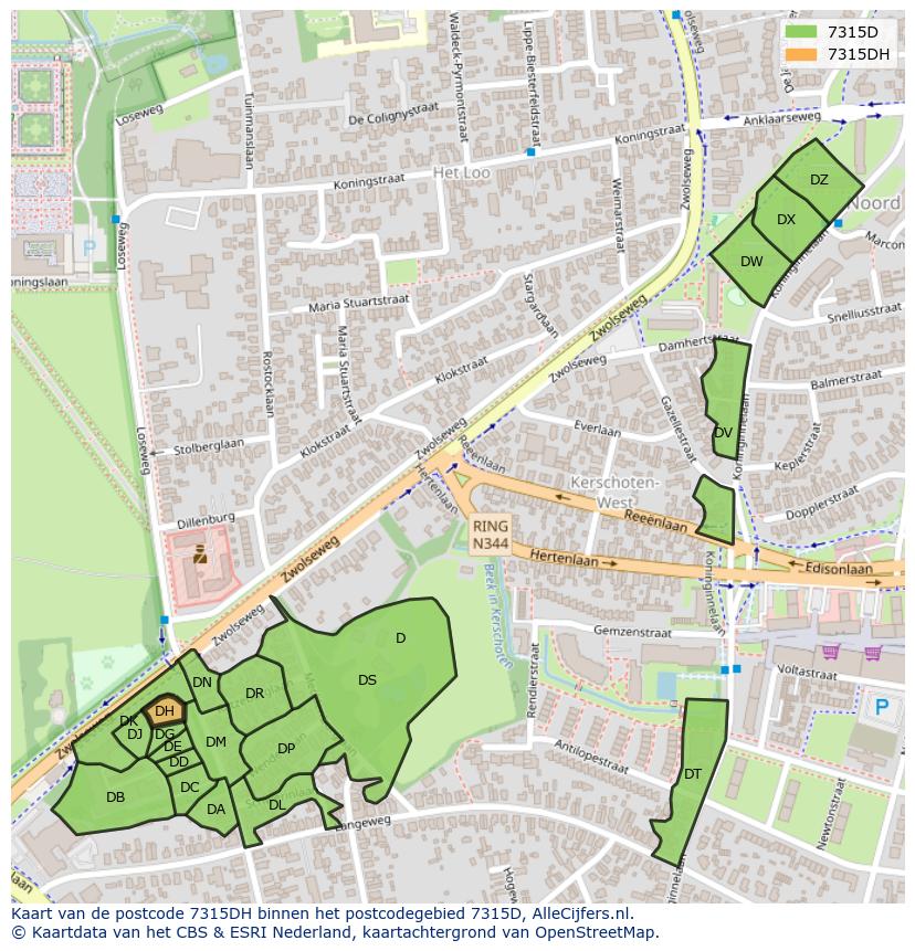 Afbeelding van het postcodegebied 7315 DH op de kaart.
