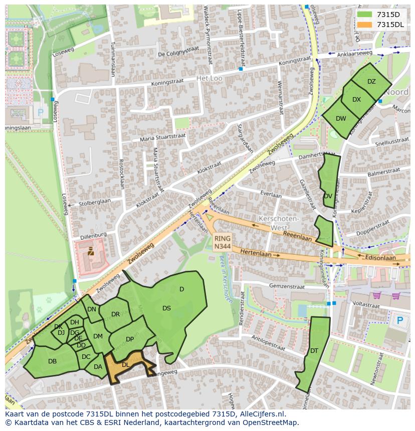 Afbeelding van het postcodegebied 7315 DL op de kaart.