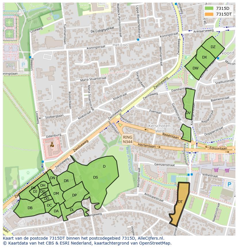 Afbeelding van het postcodegebied 7315 DT op de kaart.