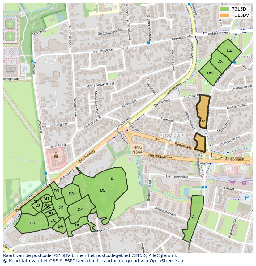 Afbeelding van het postcodegebied 7315 DV op de kaart.