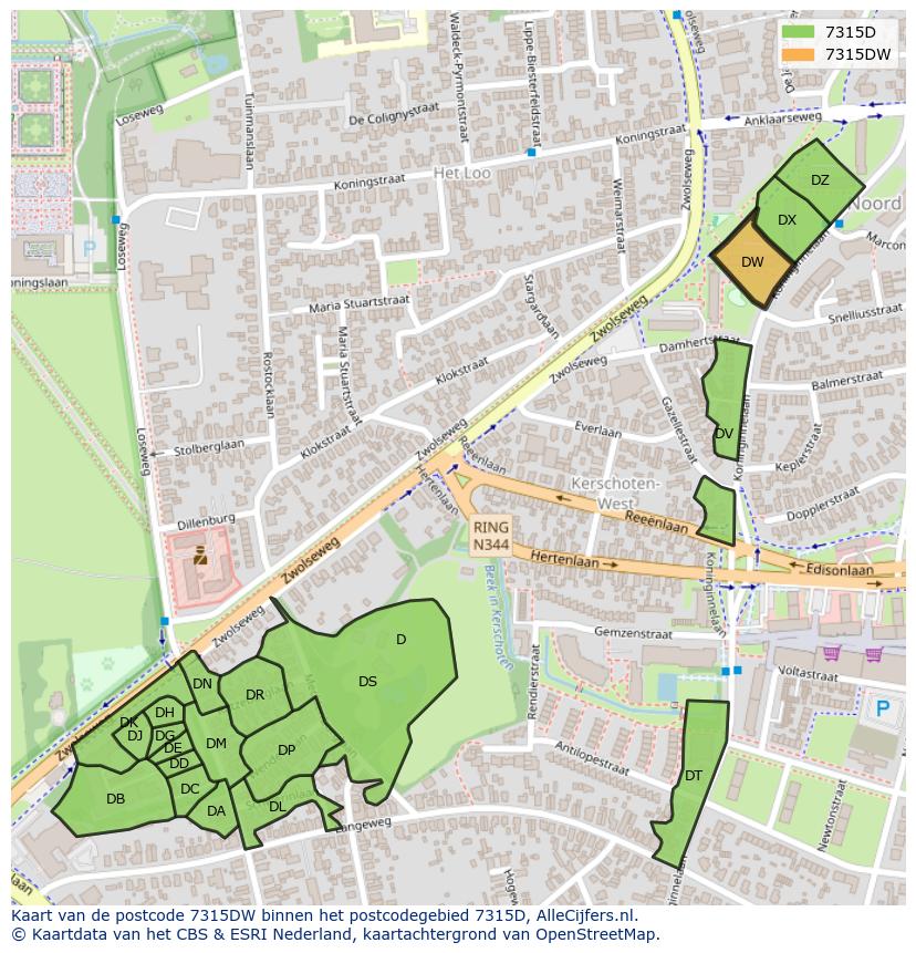 Afbeelding van het postcodegebied 7315 DW op de kaart.