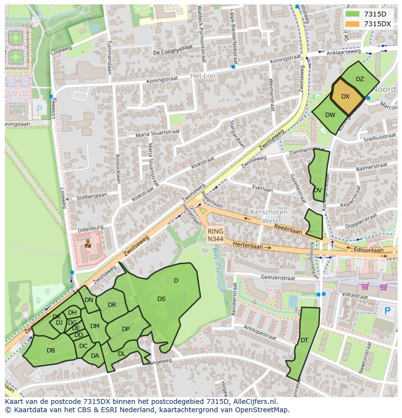 Afbeelding van het postcodegebied 7315 DX op de kaart.