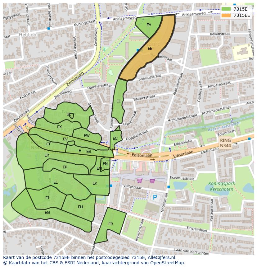 Afbeelding van het postcodegebied 7315 EE op de kaart.