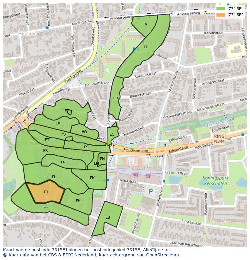 Afbeelding van het postcodegebied 7315 EJ op de kaart.