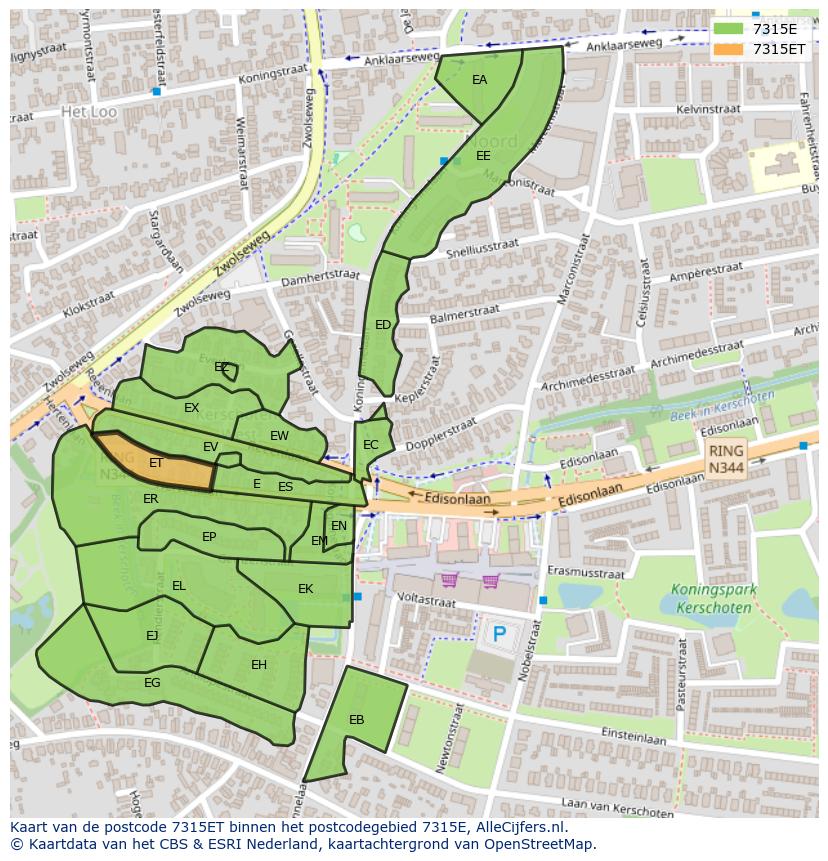 Afbeelding van het postcodegebied 7315 ET op de kaart.