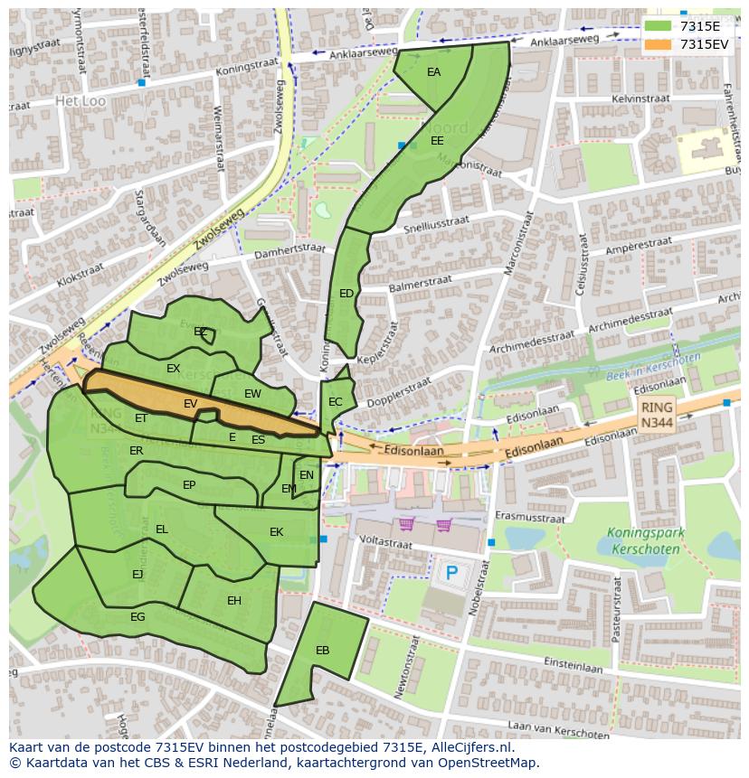 Afbeelding van het postcodegebied 7315 EV op de kaart.
