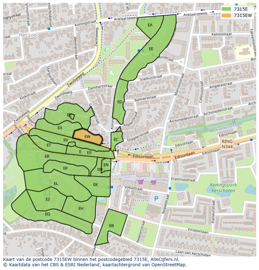 Afbeelding van het postcodegebied 7315 EW op de kaart.
