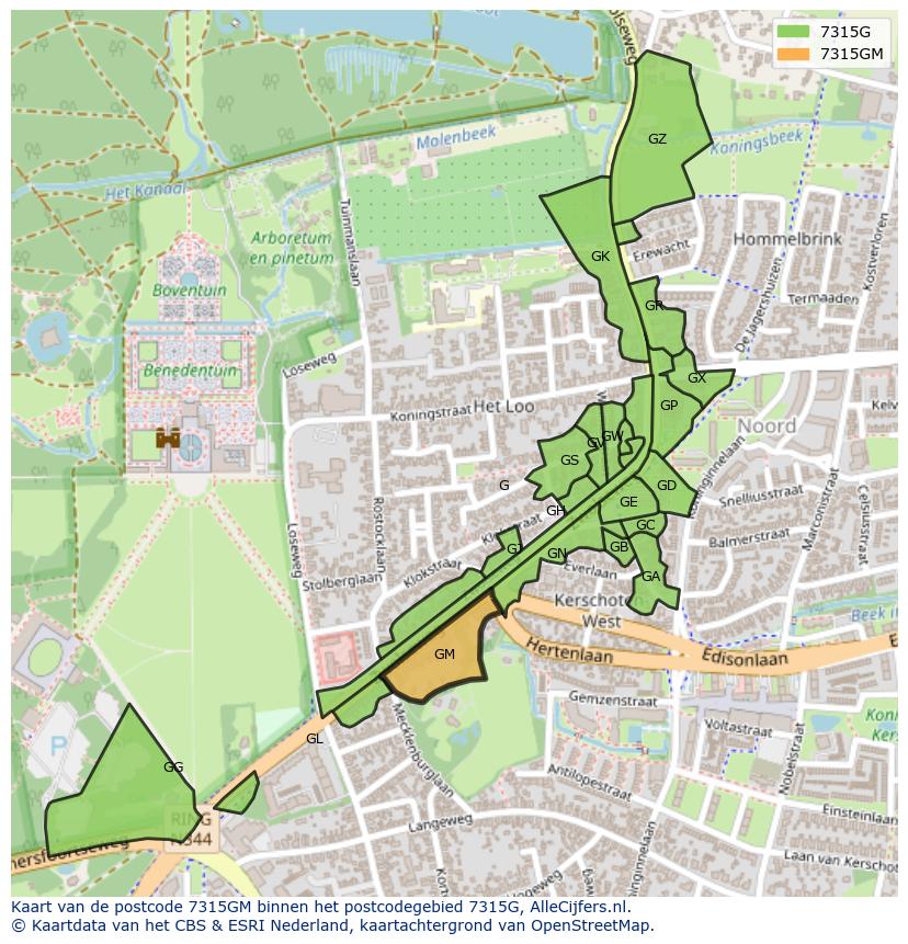 Afbeelding van het postcodegebied 7315 GM op de kaart.