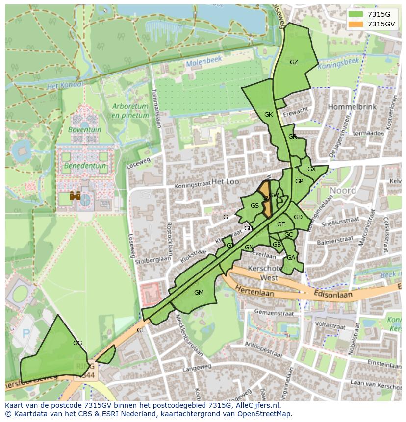 Afbeelding van het postcodegebied 7315 GV op de kaart.