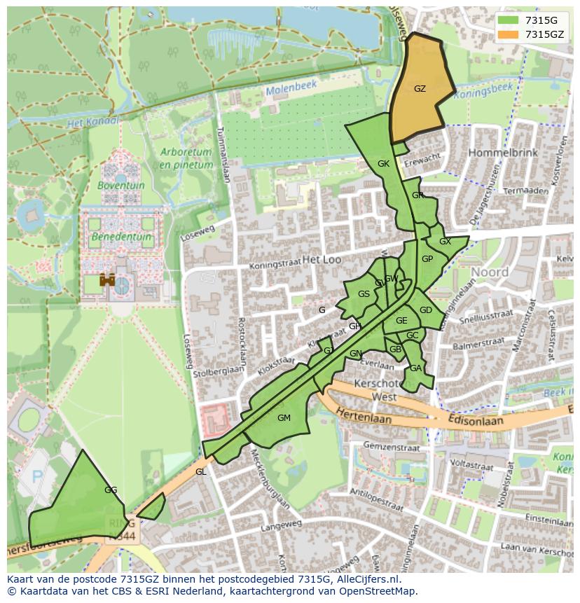 Afbeelding van het postcodegebied 7315 GZ op de kaart.