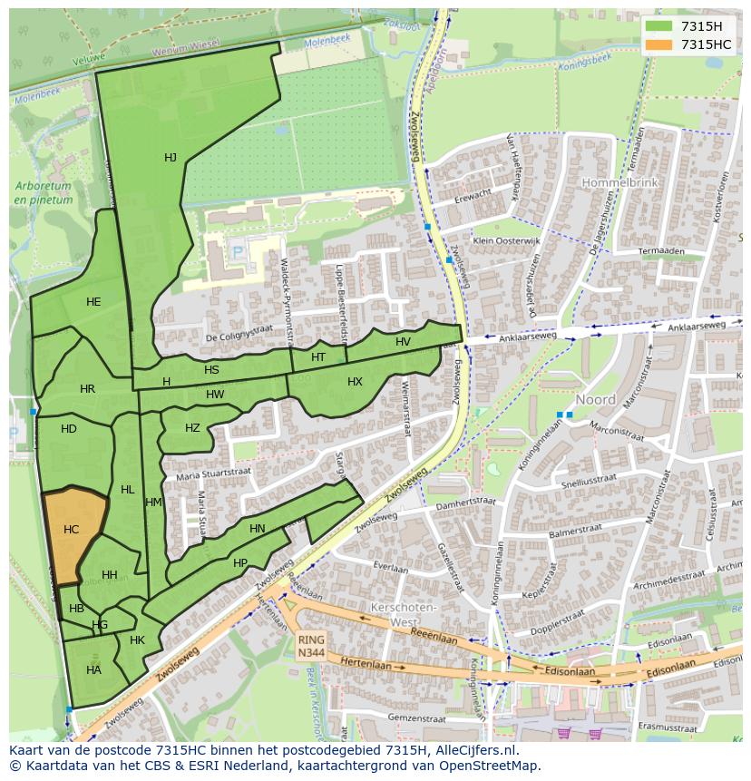 Afbeelding van het postcodegebied 7315 HC op de kaart.