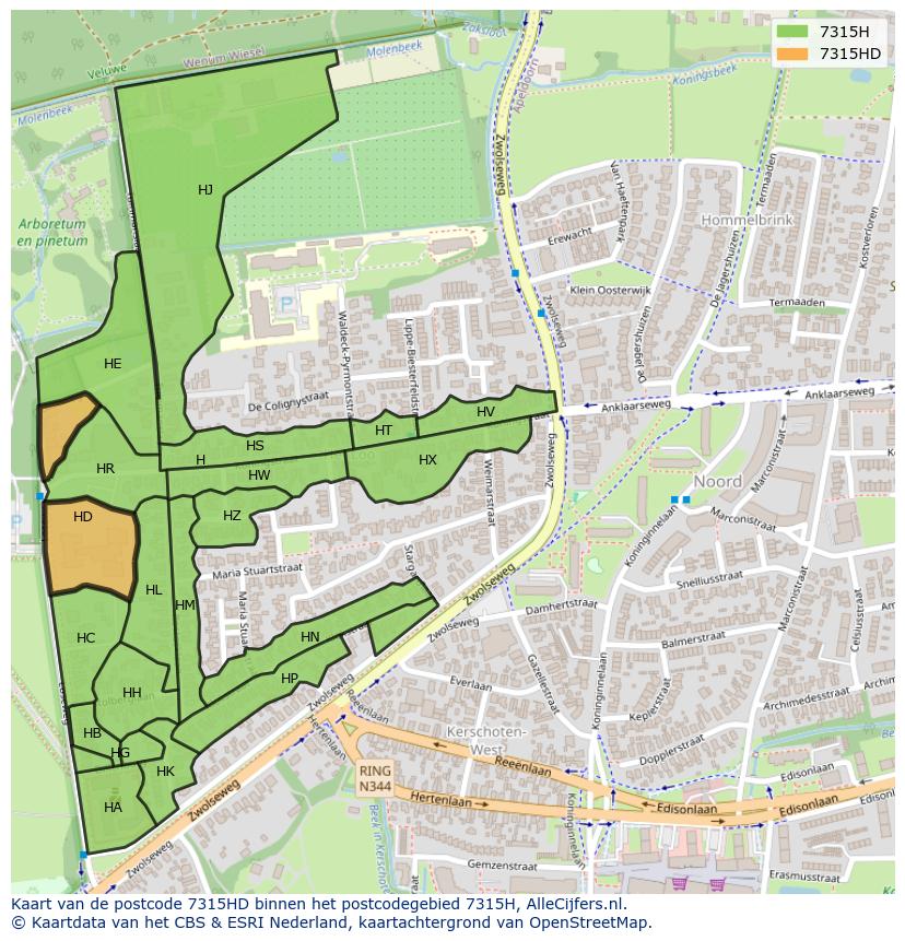 Afbeelding van het postcodegebied 7315 HD op de kaart.