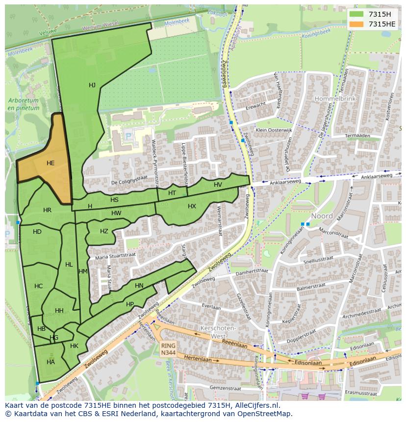 Afbeelding van het postcodegebied 7315 HE op de kaart.