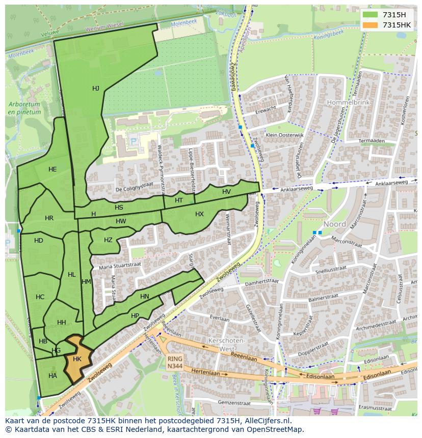 Afbeelding van het postcodegebied 7315 HK op de kaart.