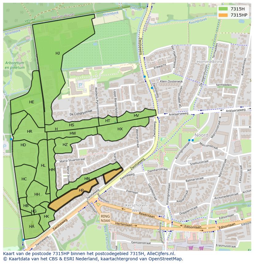 Afbeelding van het postcodegebied 7315 HP op de kaart.