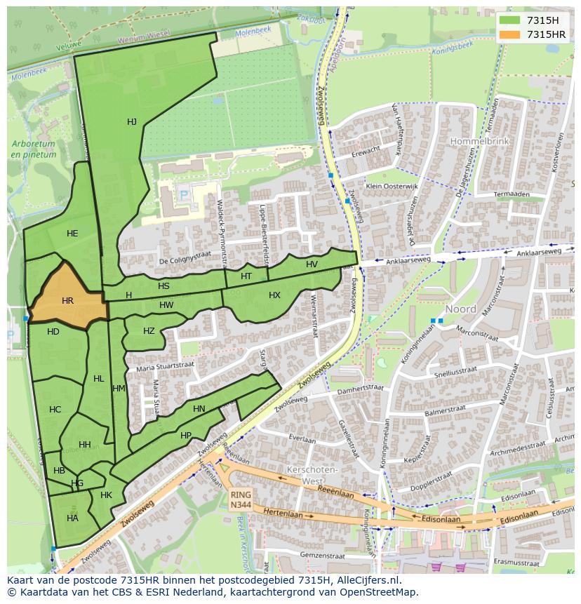 Afbeelding van het postcodegebied 7315 HR op de kaart.