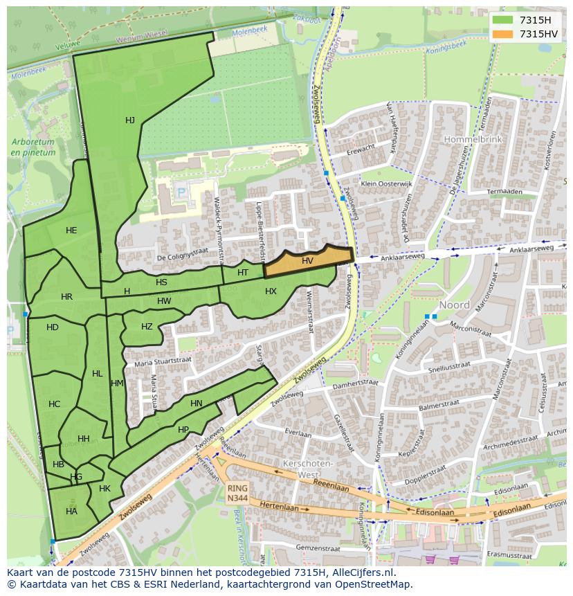 Afbeelding van het postcodegebied 7315 HV op de kaart.
