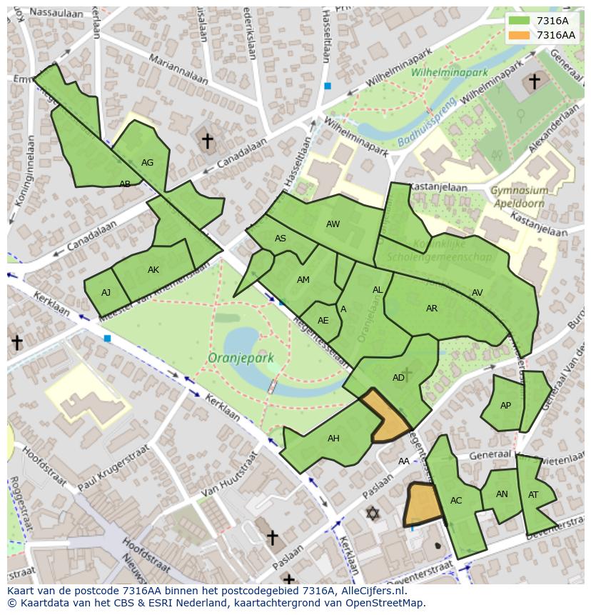 Afbeelding van het postcodegebied 7316 AA op de kaart.