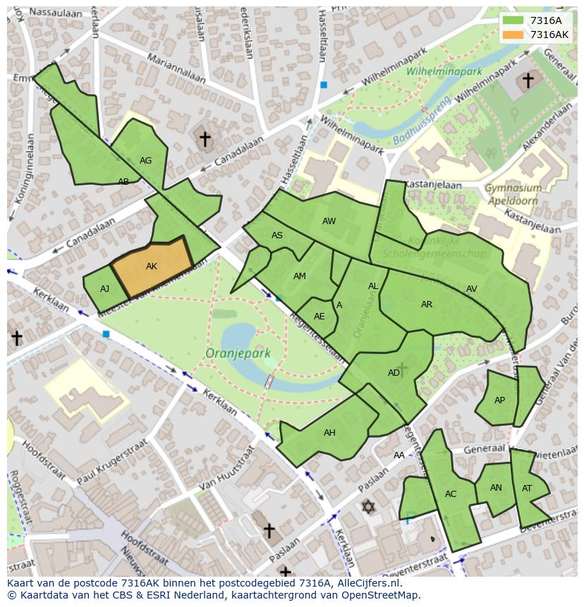 Afbeelding van het postcodegebied 7316 AK op de kaart.