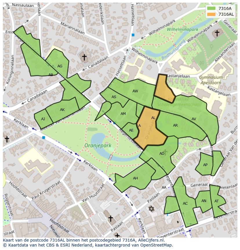 Afbeelding van het postcodegebied 7316 AL op de kaart.