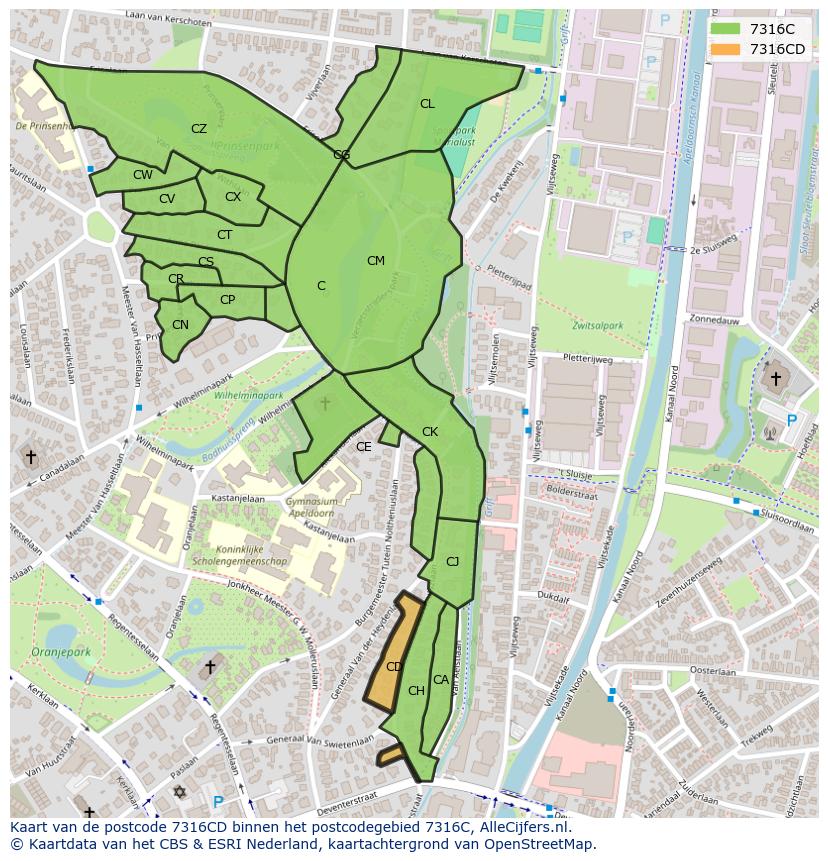 Afbeelding van het postcodegebied 7316 CD op de kaart.