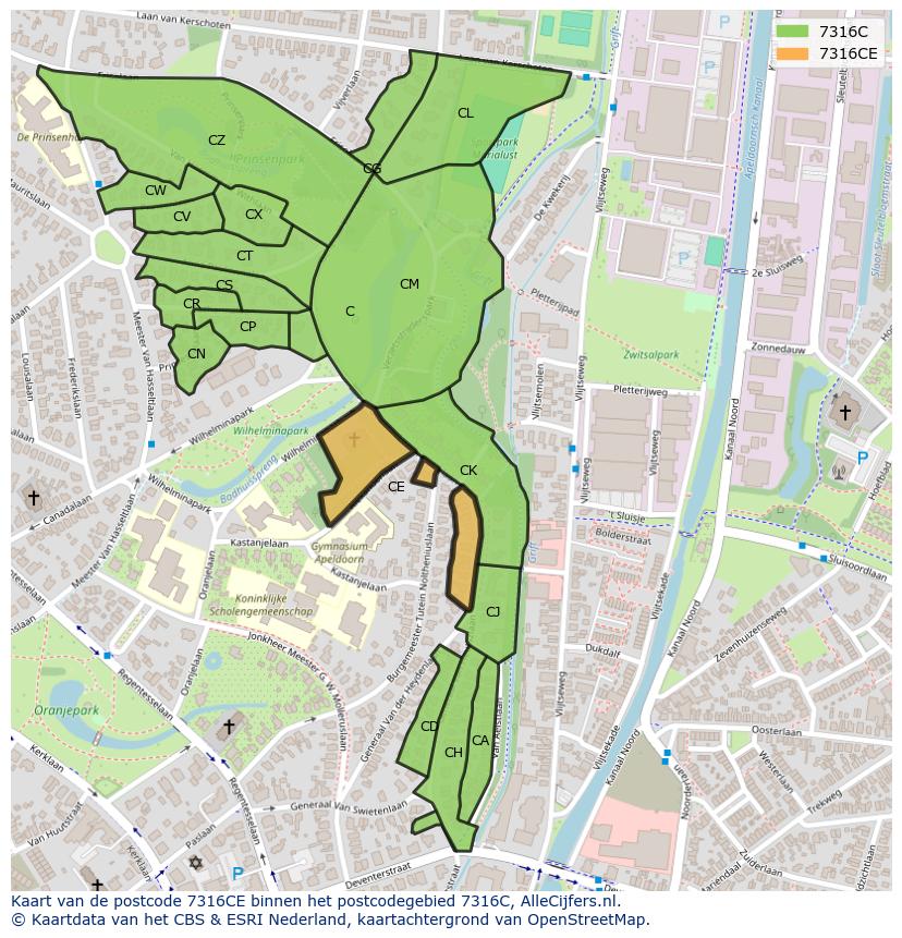 Afbeelding van het postcodegebied 7316 CE op de kaart.
