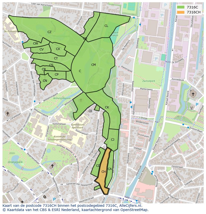 Afbeelding van het postcodegebied 7316 CH op de kaart.