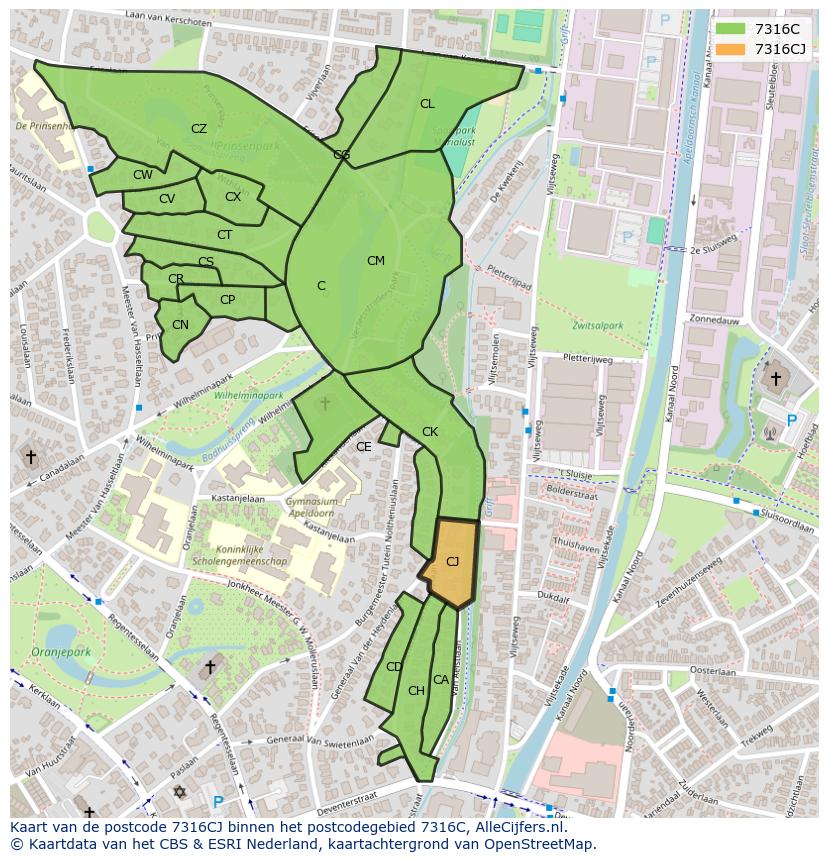 Afbeelding van het postcodegebied 7316 CJ op de kaart.