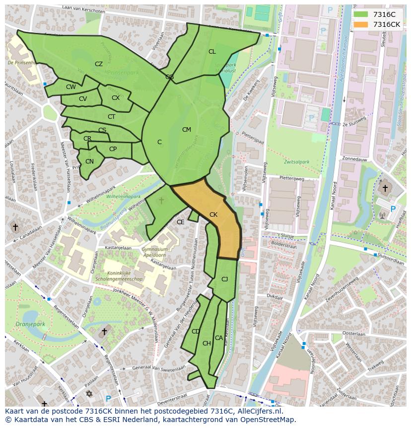 Afbeelding van het postcodegebied 7316 CK op de kaart.