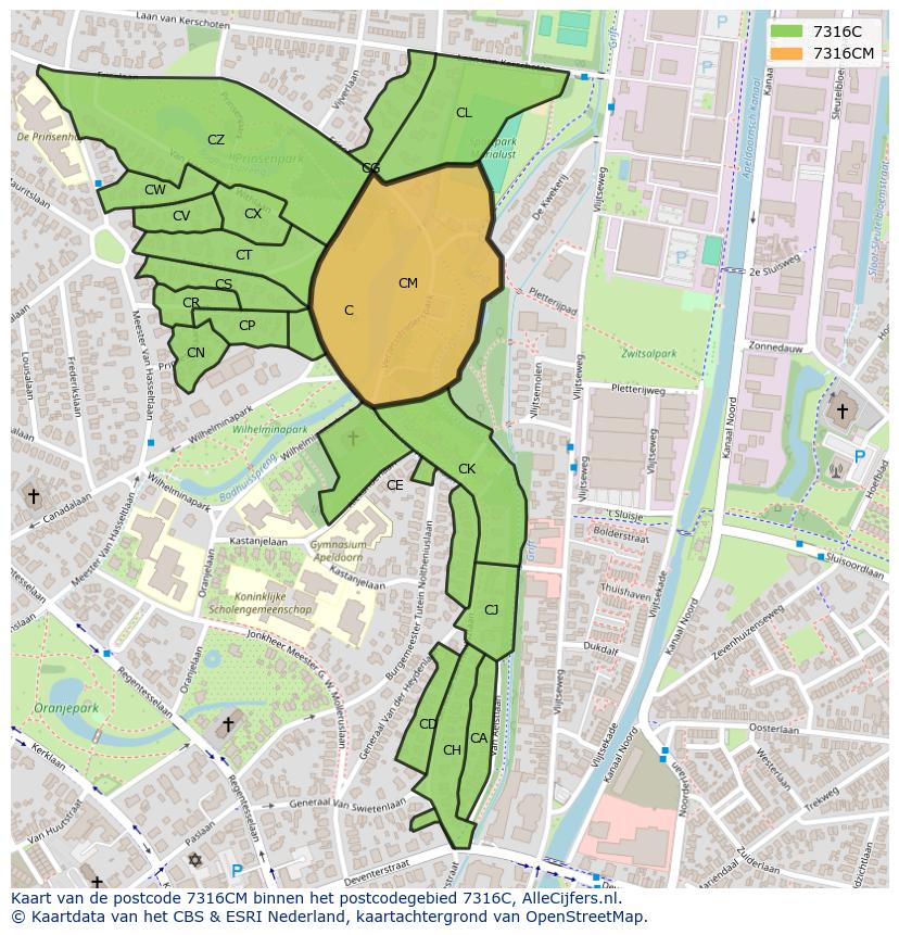 Afbeelding van het postcodegebied 7316 CM op de kaart.