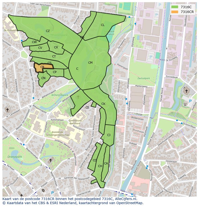 Afbeelding van het postcodegebied 7316 CR op de kaart.