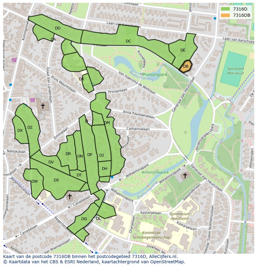 Afbeelding van het postcodegebied 7316 DB op de kaart.