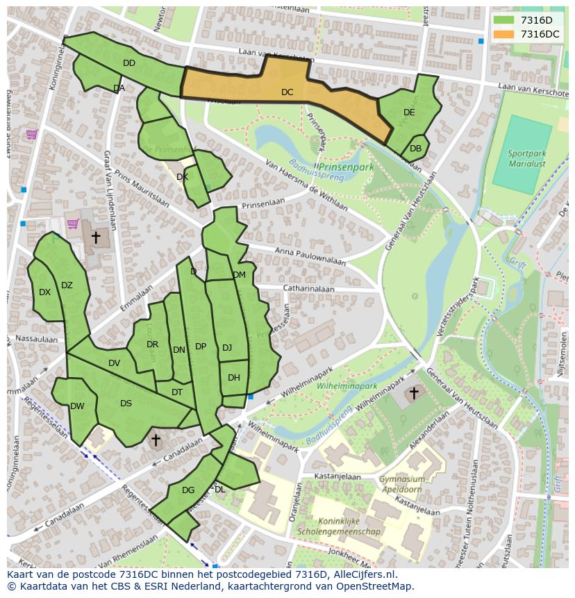 Afbeelding van het postcodegebied 7316 DC op de kaart.