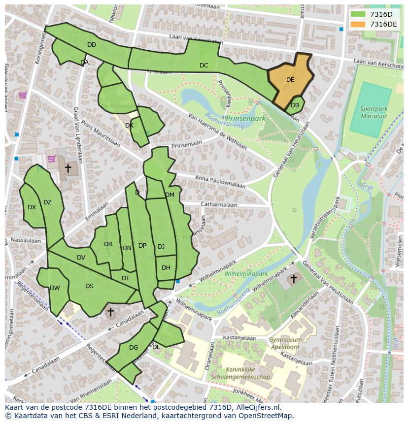 Afbeelding van het postcodegebied 7316 DE op de kaart.
