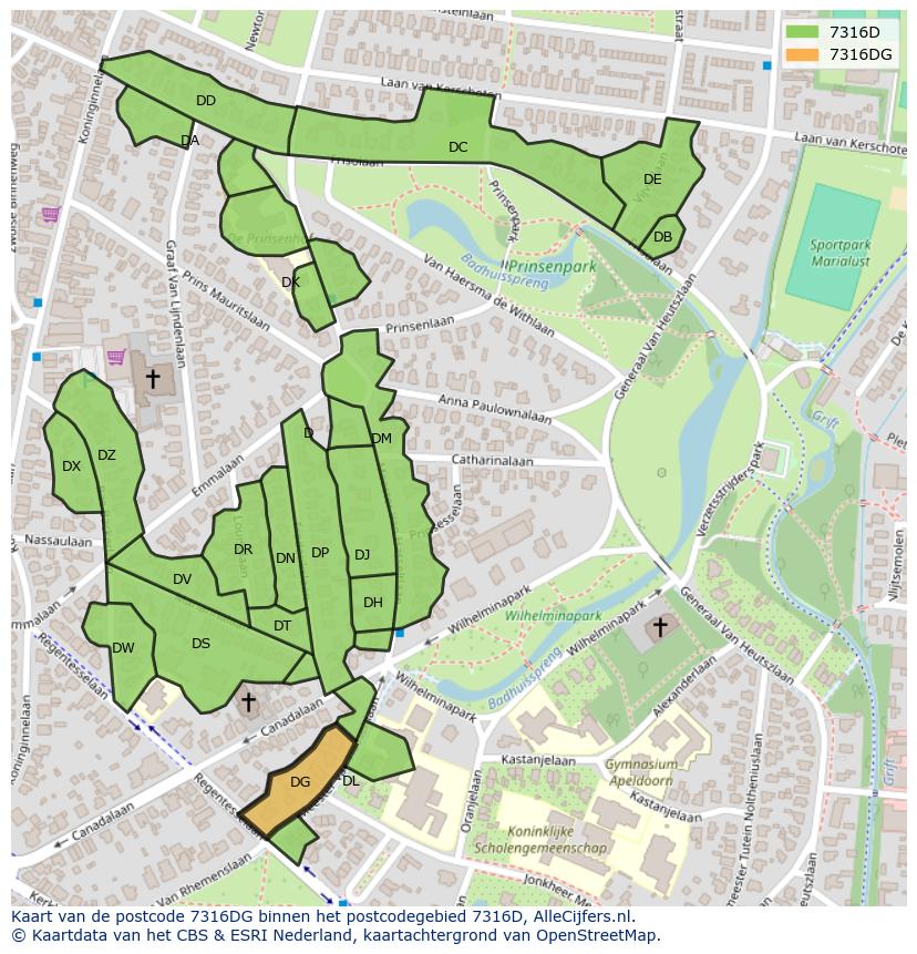Afbeelding van het postcodegebied 7316 DG op de kaart.