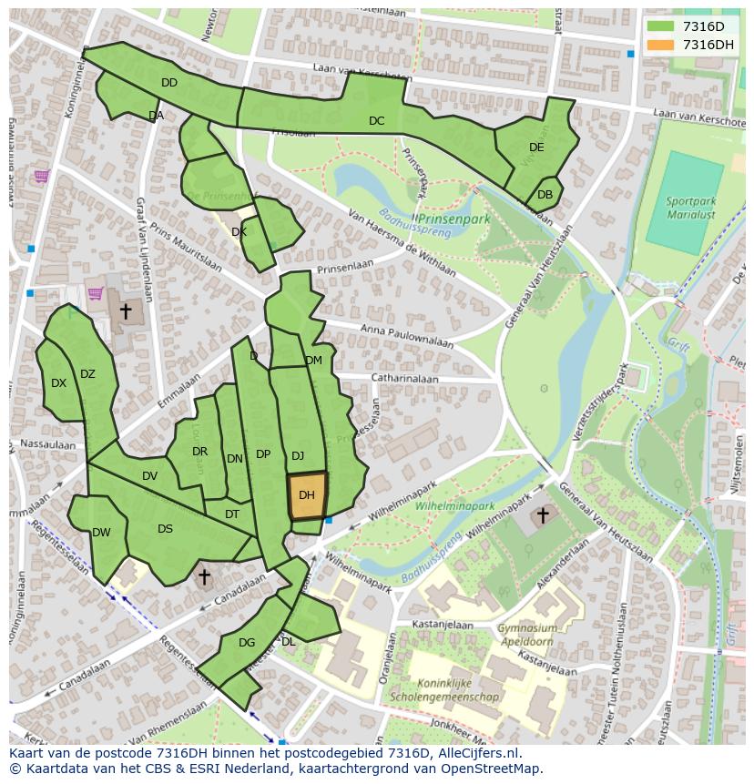 Afbeelding van het postcodegebied 7316 DH op de kaart.