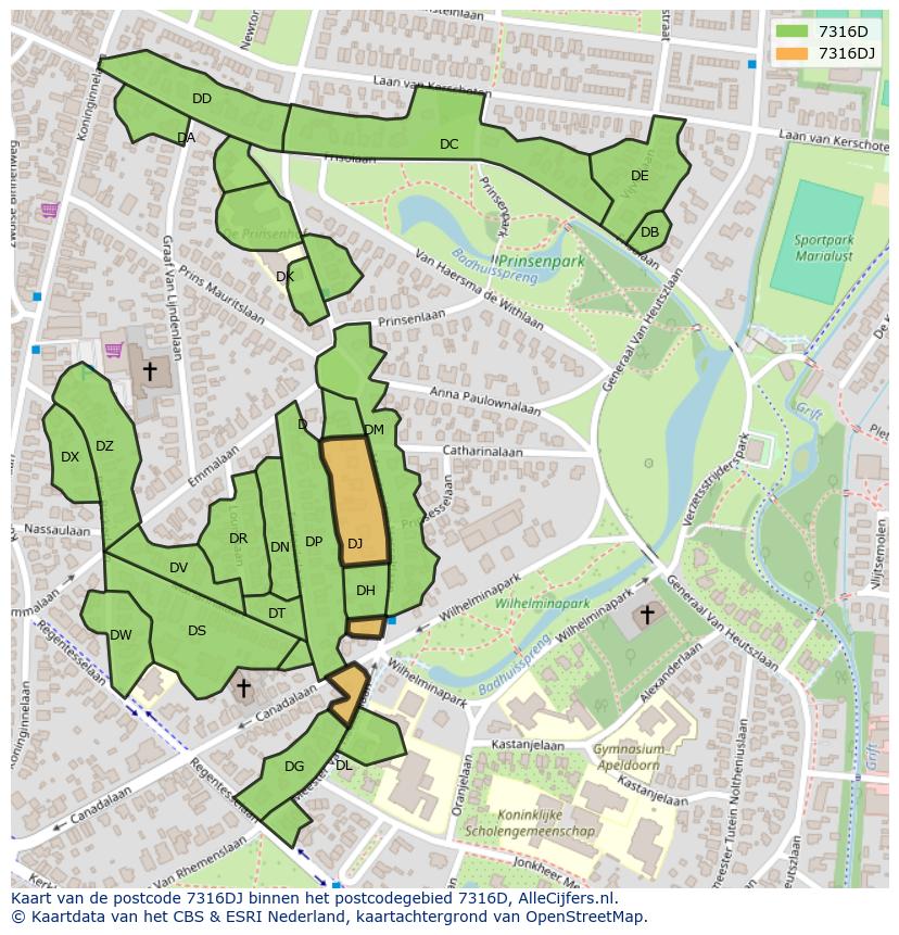 Afbeelding van het postcodegebied 7316 DJ op de kaart.