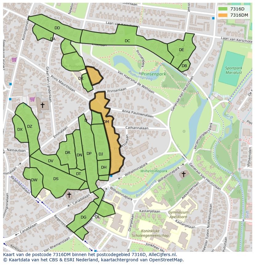 Afbeelding van het postcodegebied 7316 DM op de kaart.