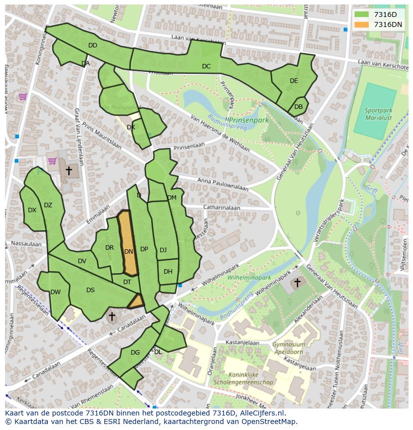 Afbeelding van het postcodegebied 7316 DN op de kaart.