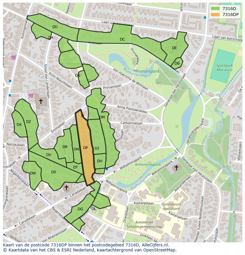Afbeelding van het postcodegebied 7316 DP op de kaart.
