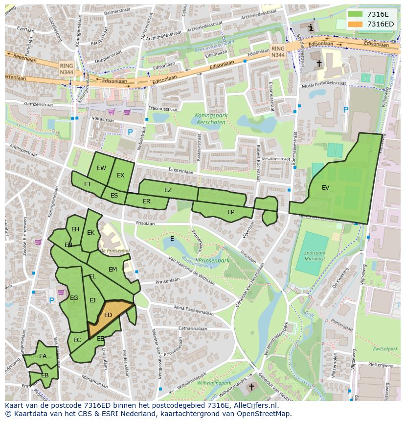 Afbeelding van het postcodegebied 7316 ED op de kaart.