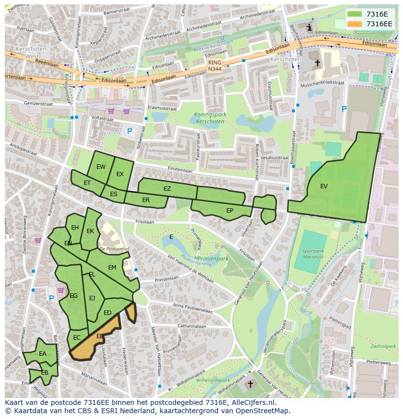 Afbeelding van het postcodegebied 7316 EE op de kaart.