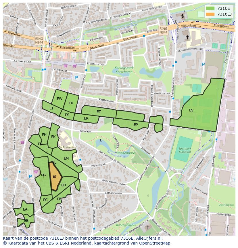 Afbeelding van het postcodegebied 7316 EJ op de kaart.