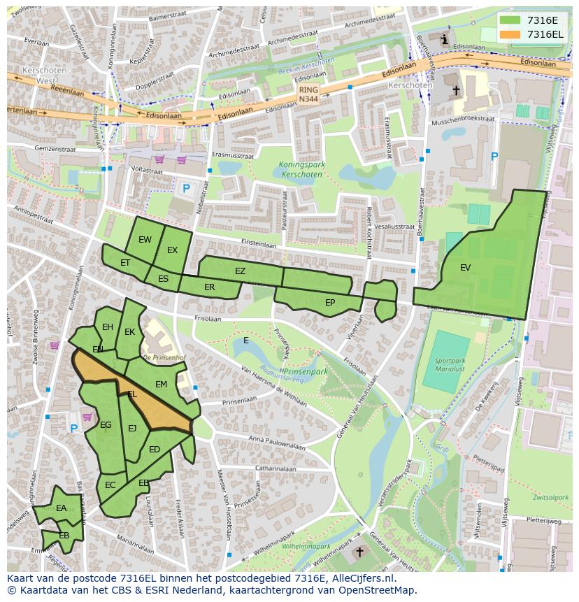 Afbeelding van het postcodegebied 7316 EL op de kaart.
