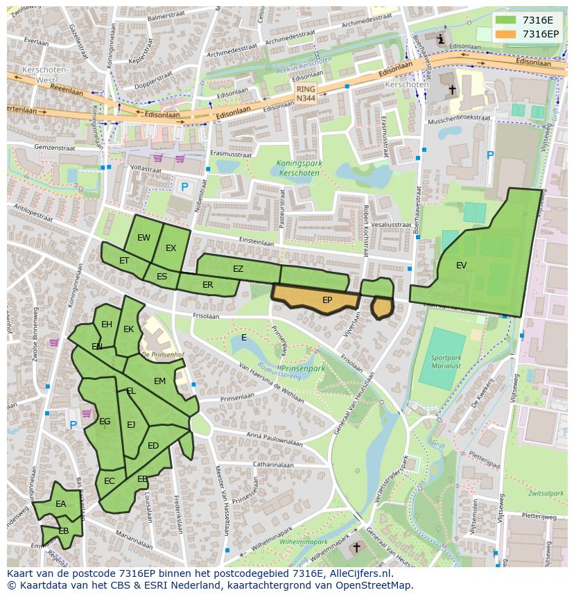 Afbeelding van het postcodegebied 7316 EP op de kaart.