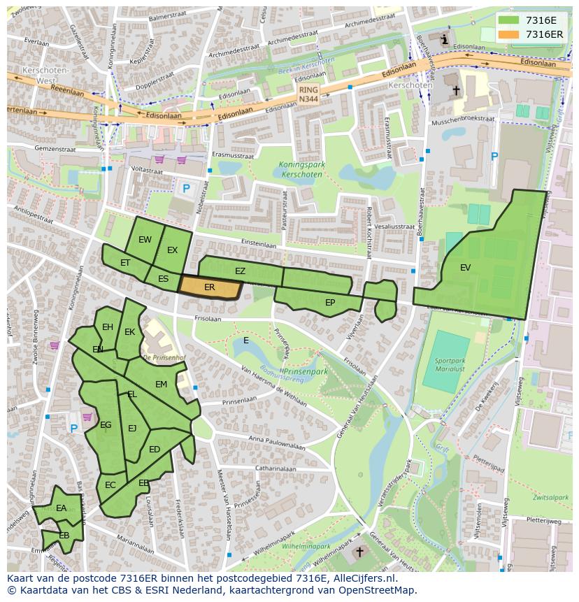 Afbeelding van het postcodegebied 7316 ER op de kaart.