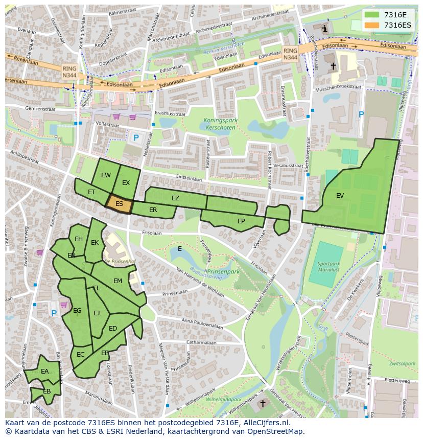 Afbeelding van het postcodegebied 7316 ES op de kaart.