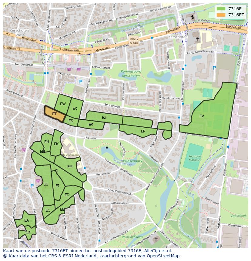 Afbeelding van het postcodegebied 7316 ET op de kaart.