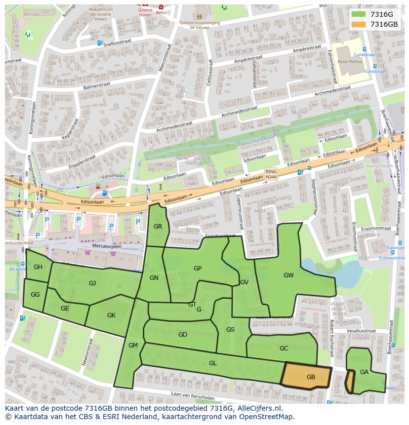 Afbeelding van het postcodegebied 7316 GB op de kaart.